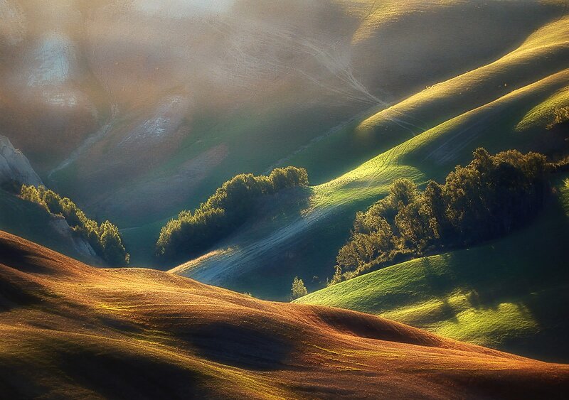Rolling Hills Landscape — Green, Serene, Sunset, Photograph