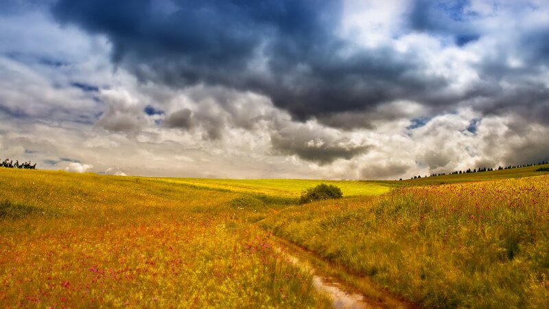 Rolling hills under stormy sky