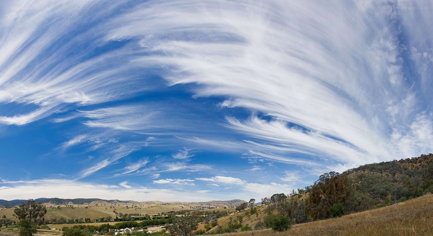 Rolling hills under wispy clouds