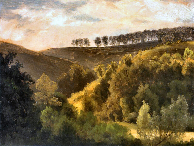 Rolling Hills with Trees — Green, Serene, Sunset, Painting