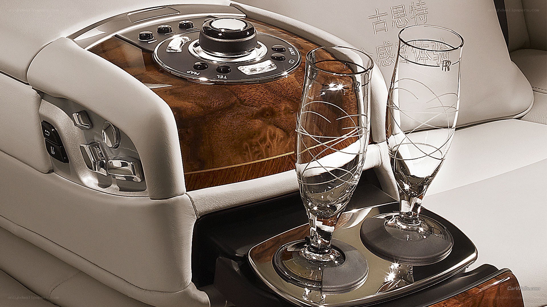 Rolls-Royce interior with champagne flutes