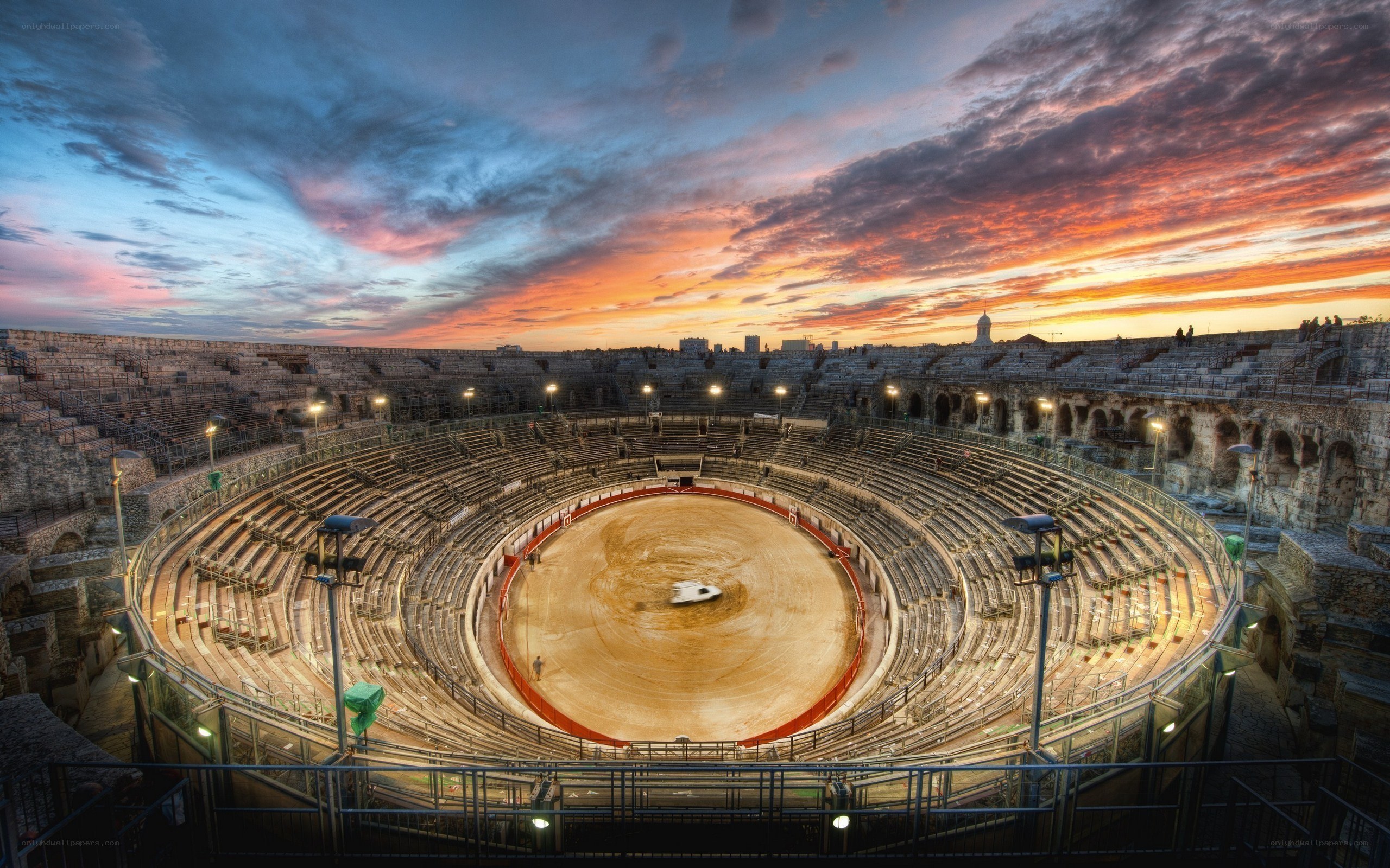 Roman amphitheater at sunset