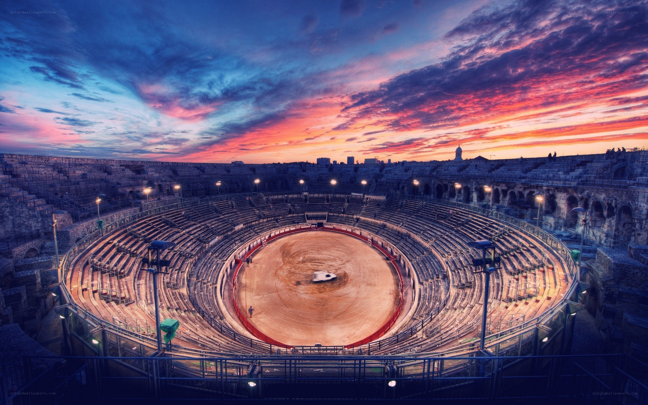Roman amphitheater at sunset
