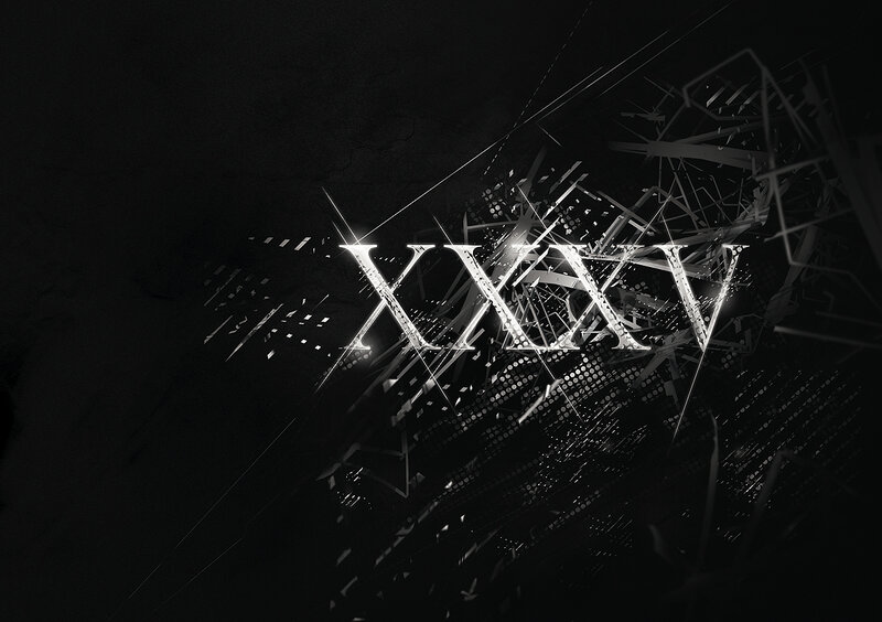 Roman numerals XXV in abstract design