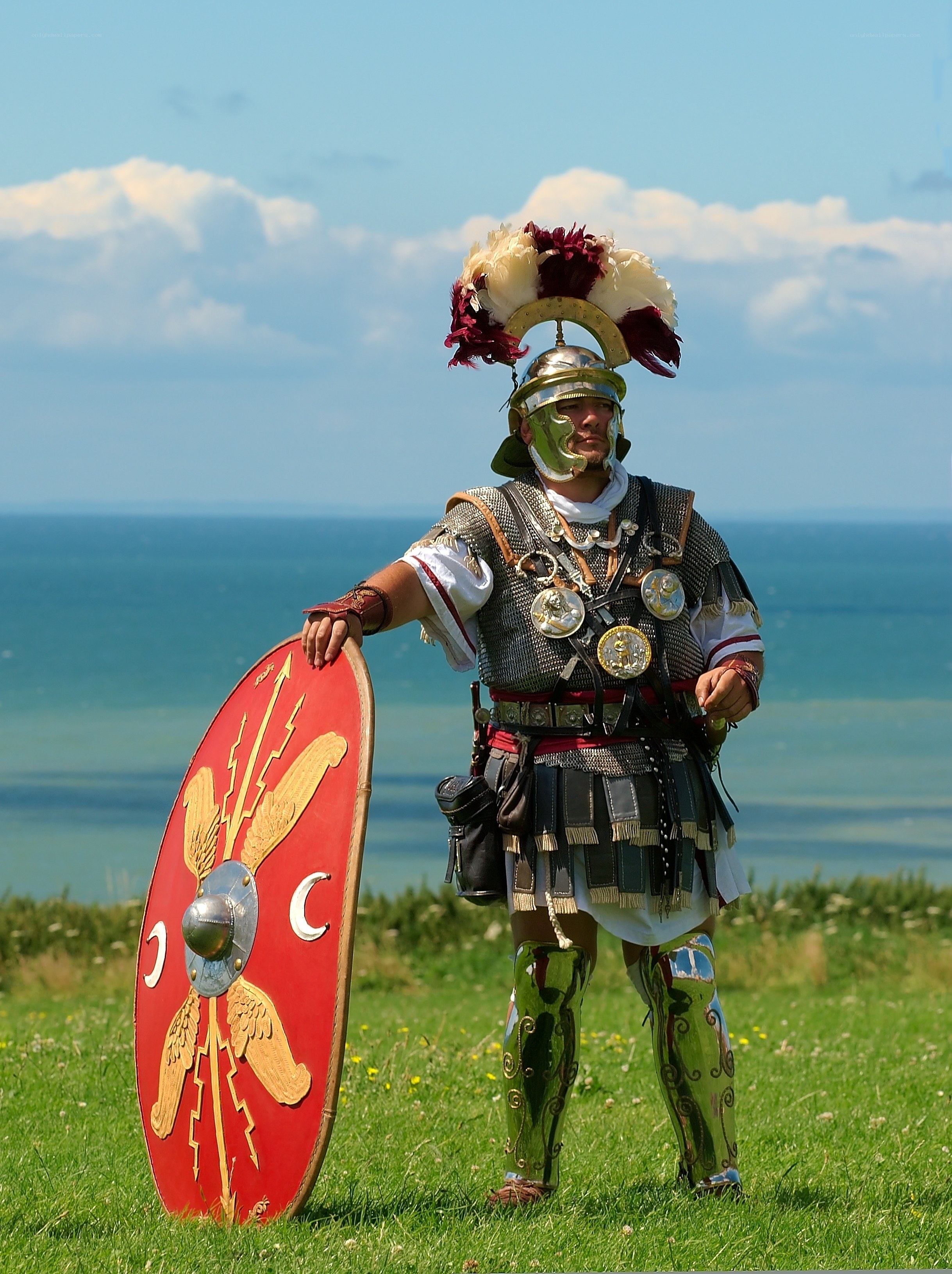 Roman soldier reenactor by the sea