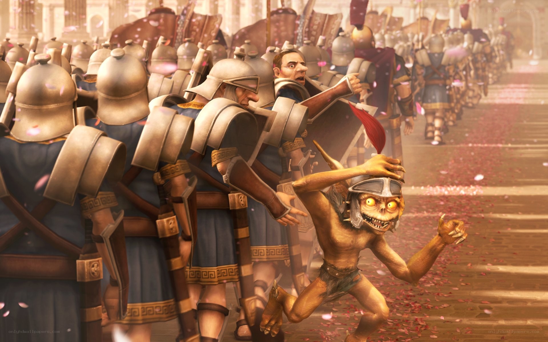 Roman soldiers chase a goblin