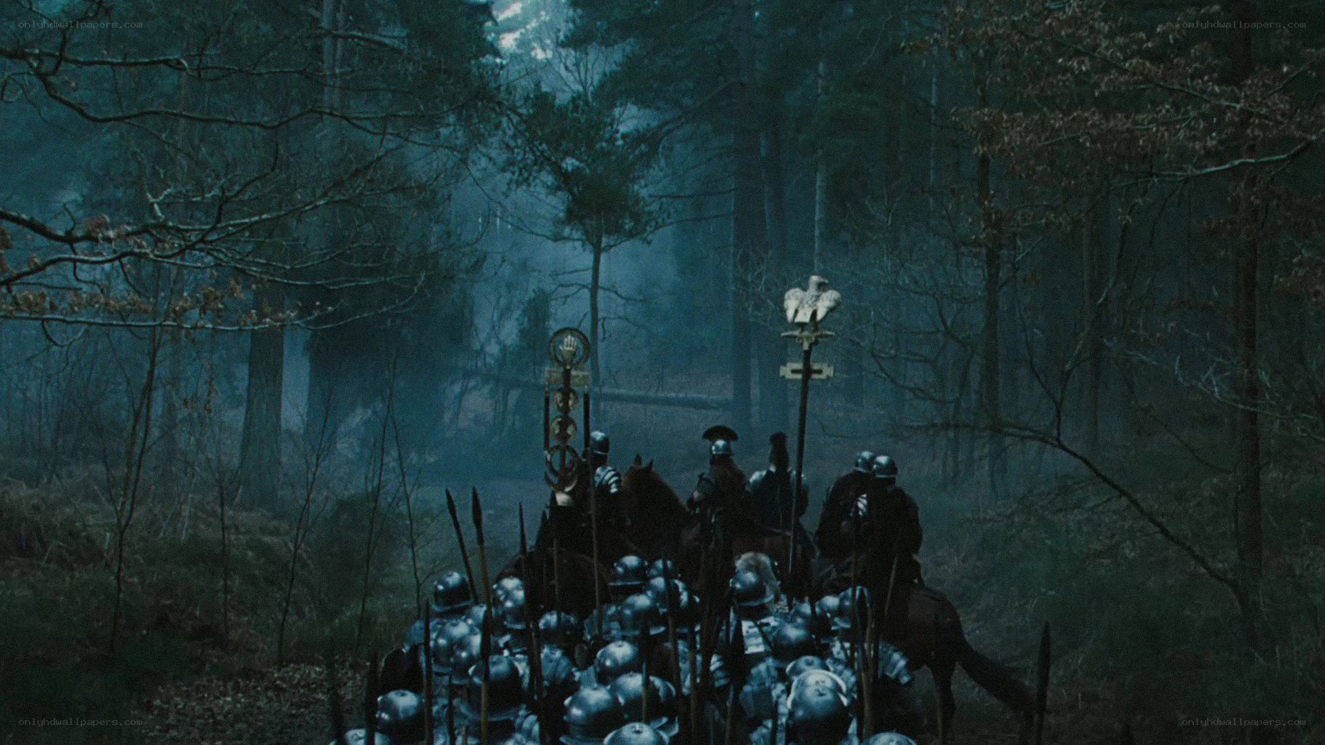 Roman soldiers in a misty forest