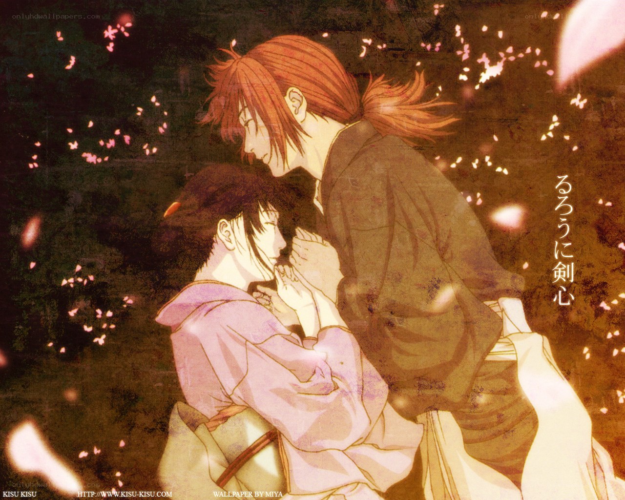 romantic anime couple in cherry blossoms