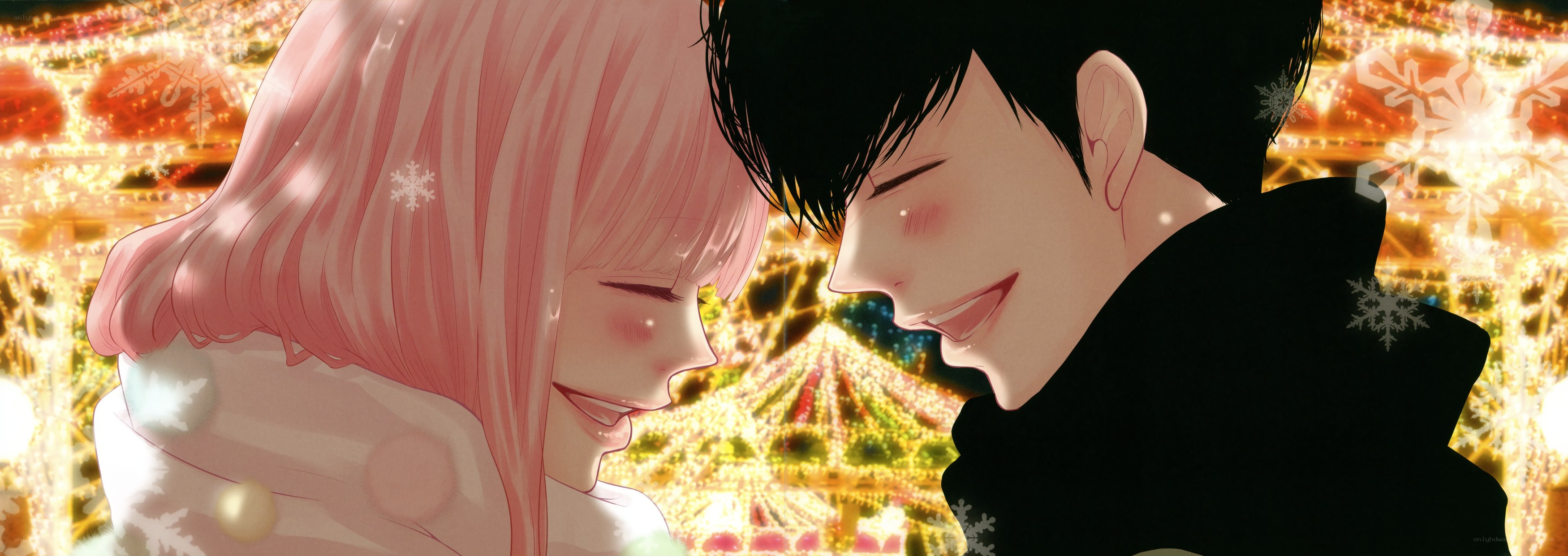 Romantic anime couple in winter