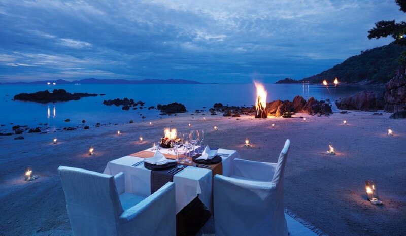 Romantic Beach Dinner — Blue, Serene, Night, Photograph