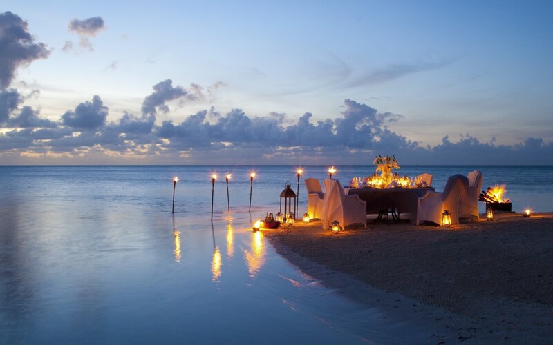 Romantic Beach Dinner — Blue, Serene, Sunset, Photograph
