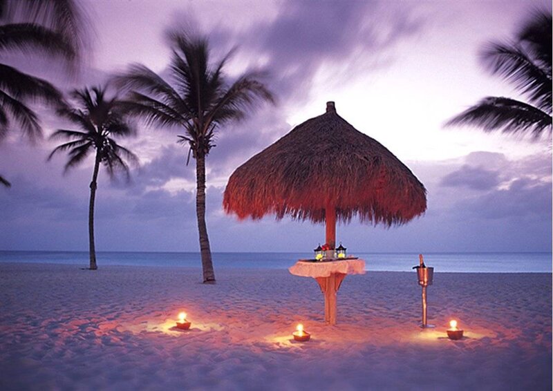 Romantic Beach Dinner Setup — Purple, Serene, Sunset, Photograph