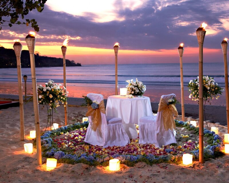 Romantic Beach Dinner Setup — Purple, Serene, Sunset