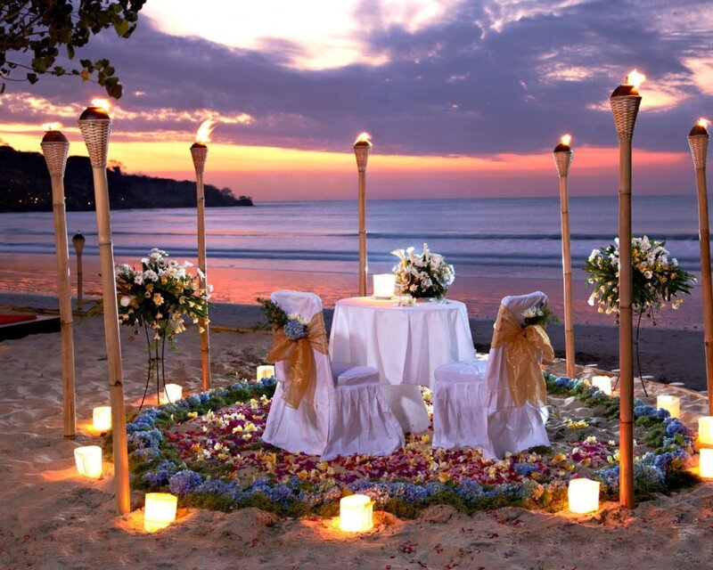 Romantic Beach Dinner Setup — Purple, Serene