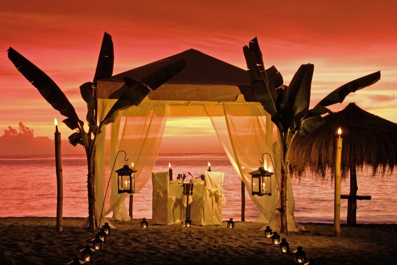 Romantic Beach Dinner Setup — Red, Sunset