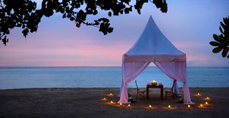Romantic Beach Setup — Blue, Serene, Sunset