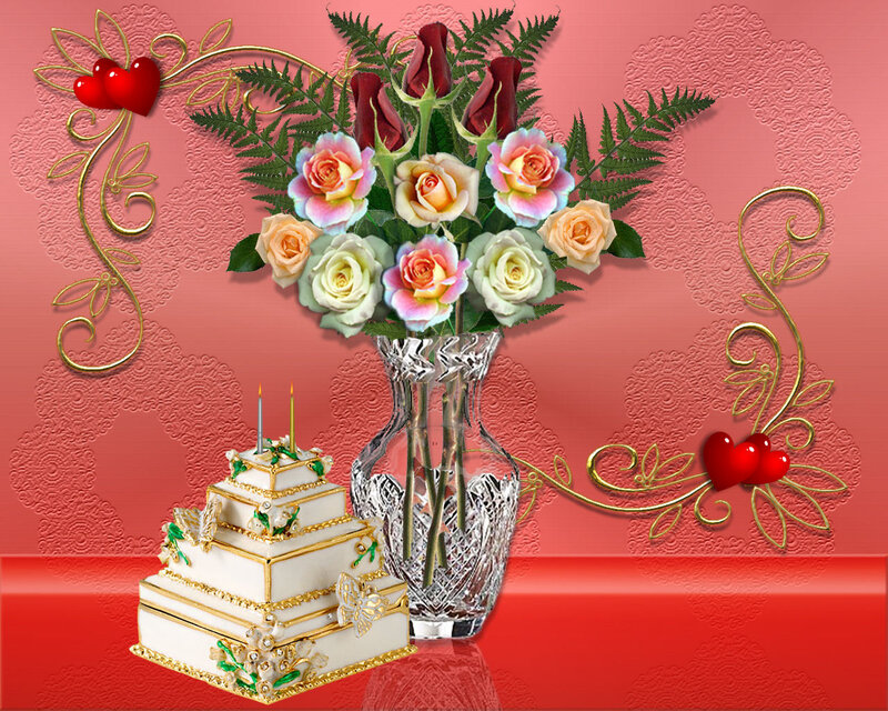 Romantic cake and flowers