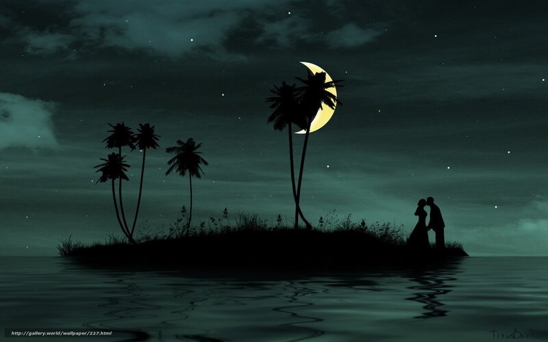 Romantic couple on island at night
