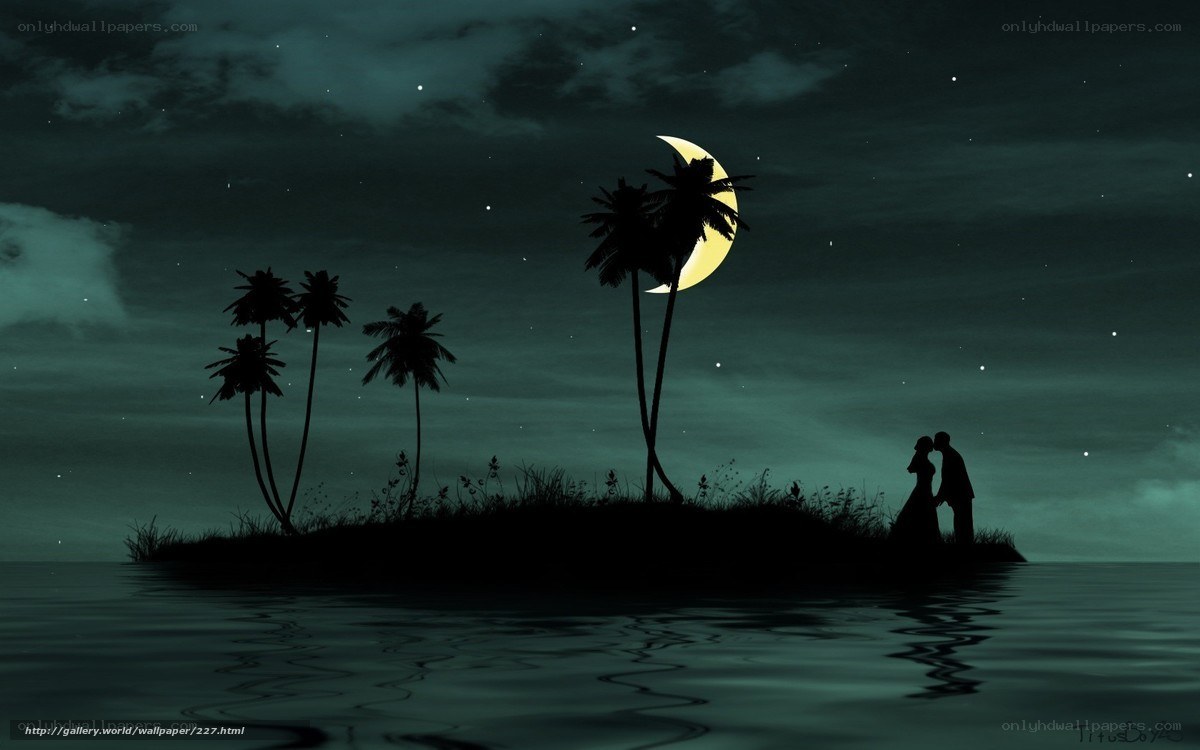 Romantic couple on island at night
