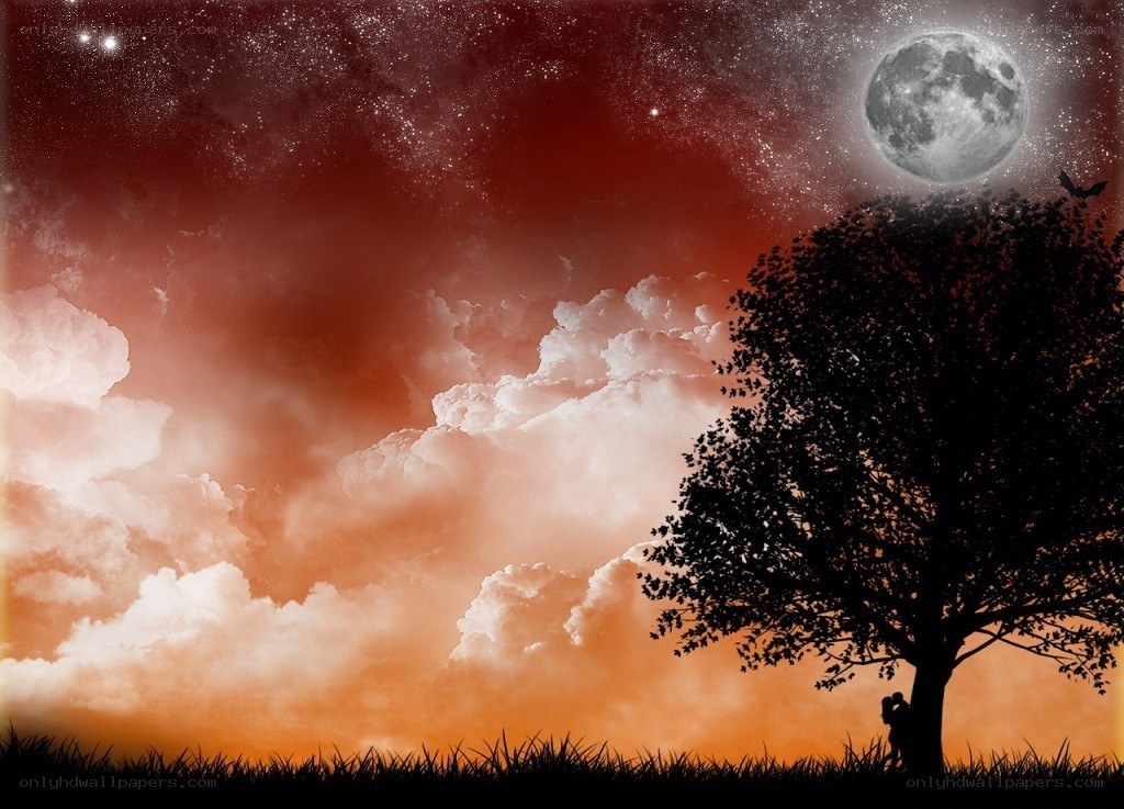 Romantic couple under a full moon