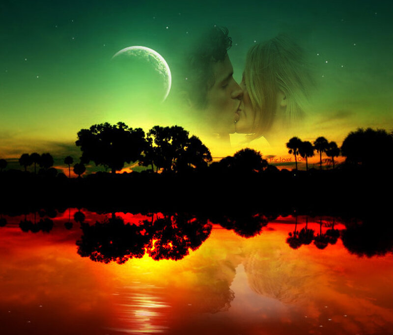 Romantic couple under a green moon