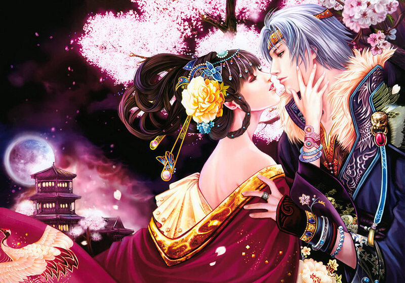 Romantic couple under cherry blossoms
