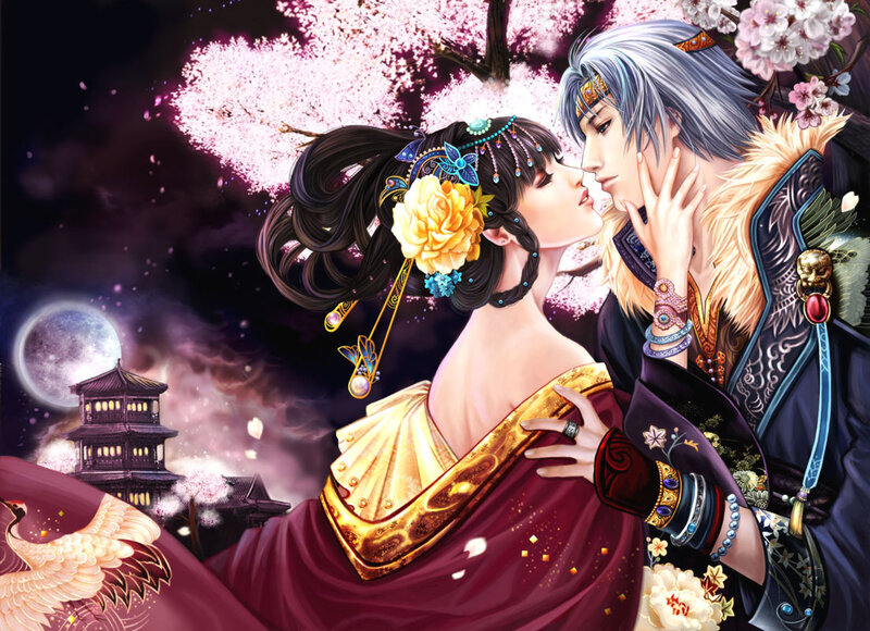 Romantic couple under cherry blossoms