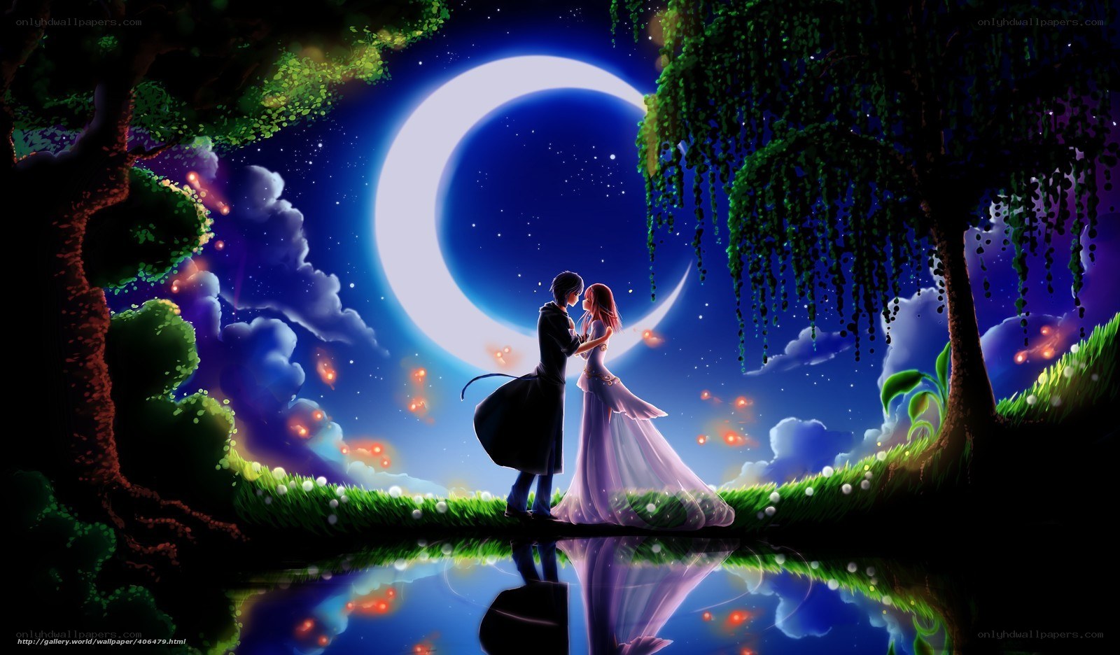 Romantic couple under crescent moon