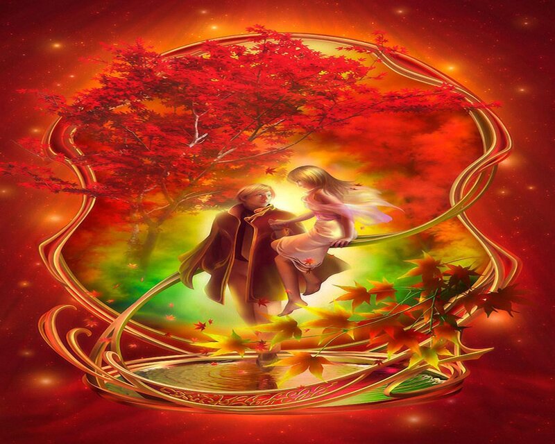 Romantic couple under red tree