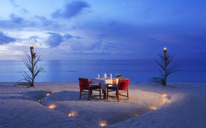 Romantic Dinner on Beach — Blue, Serene, Night, Photograph, Table, Chairs