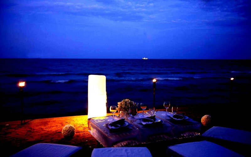 Romantic Dinner on Beach — Blue, Serene, Night, Photograph