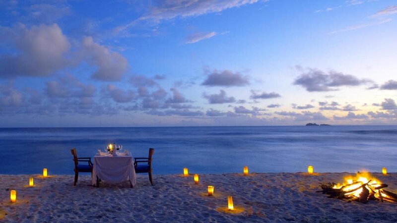 Romantic Dinner on Beach — Blue, Serene, Sunset, Photograph, Table, Chairs