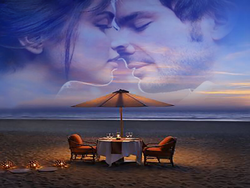 Romantic Dinner on Beach — Blue, Serene, Sunset, Photograph, Table