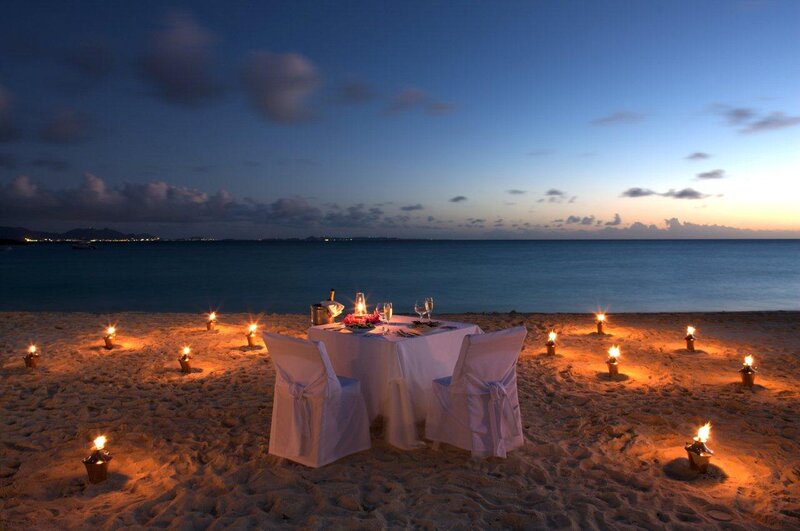 Romantic Dinner on Beach — Blue, Serene, Sunset, Photograph