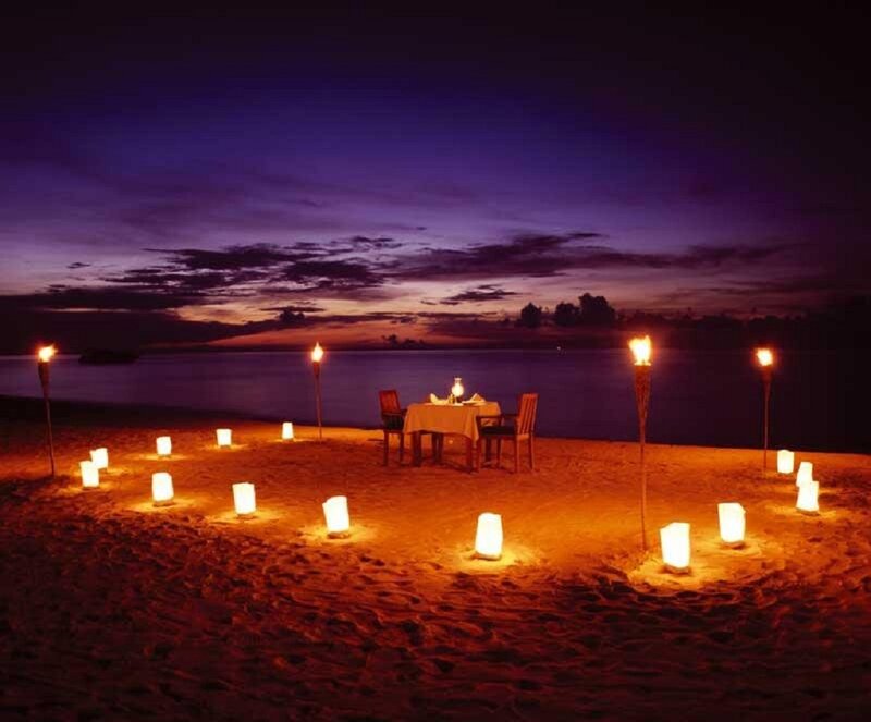Romantic Dinner on Beach — Purple, Night, Photograph