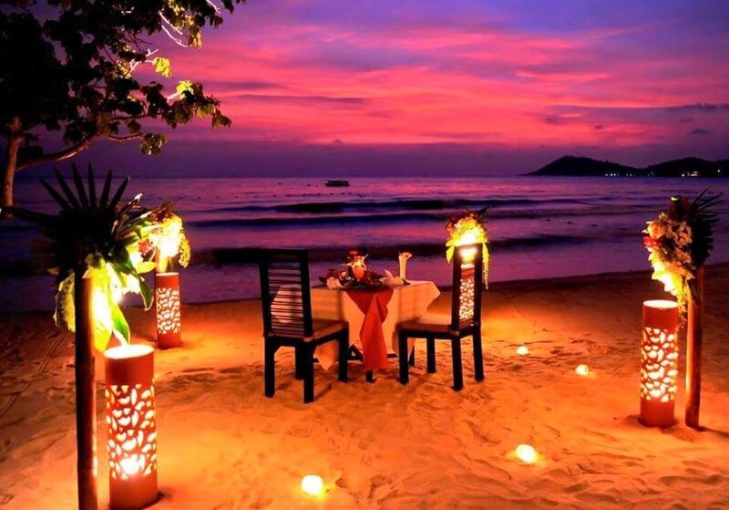 Romantic Dinner on Beach — Purple, Sunset, Photograph