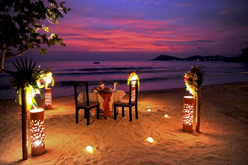 Romantic Dinner on Beach — Purple, Sunset