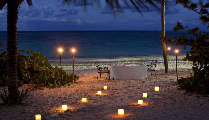 Romantic Dinner Table — Blue, Serene, Night, Photograph, Candles, Palm Trees