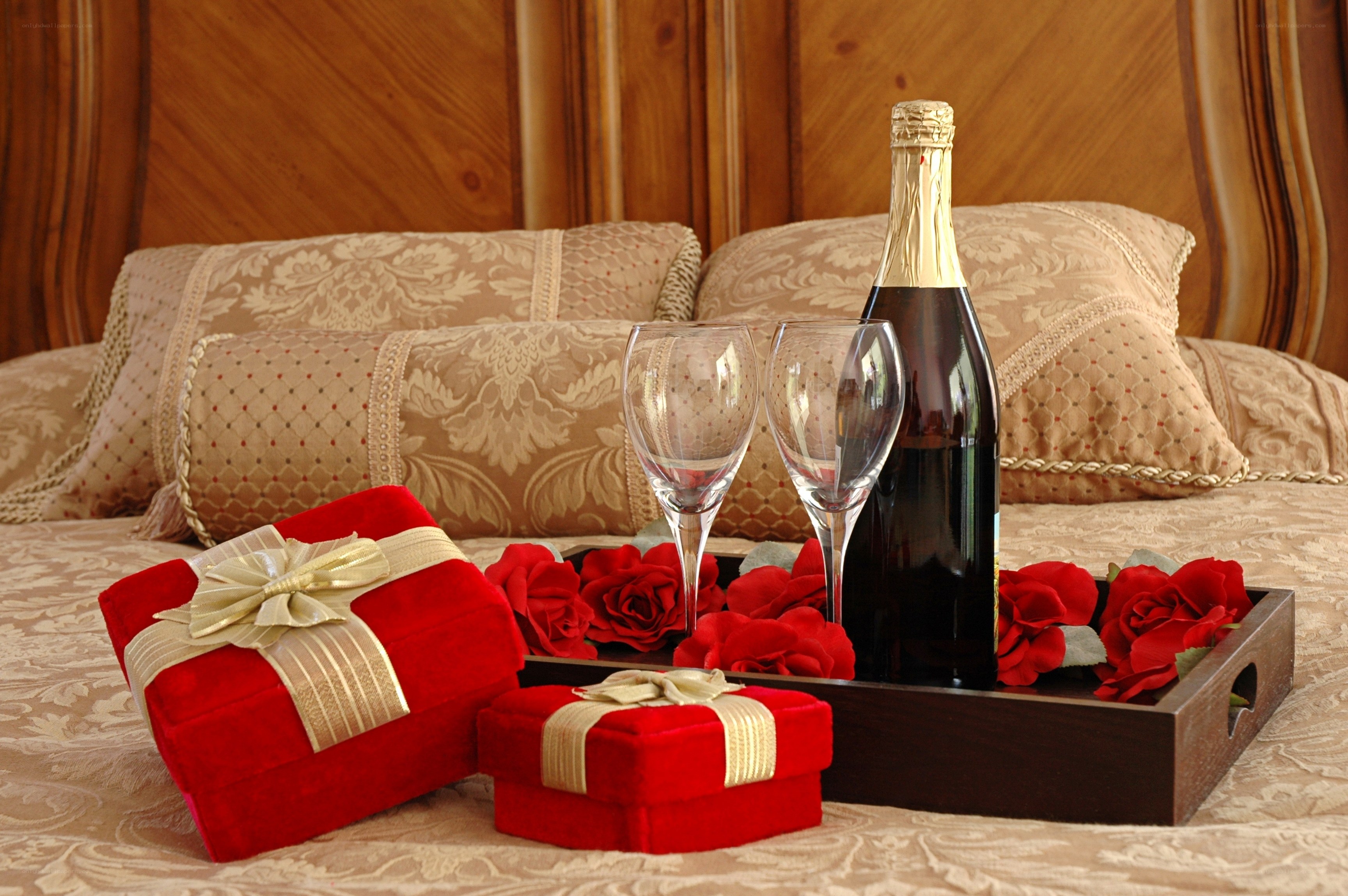 Romantic gift setup on bed