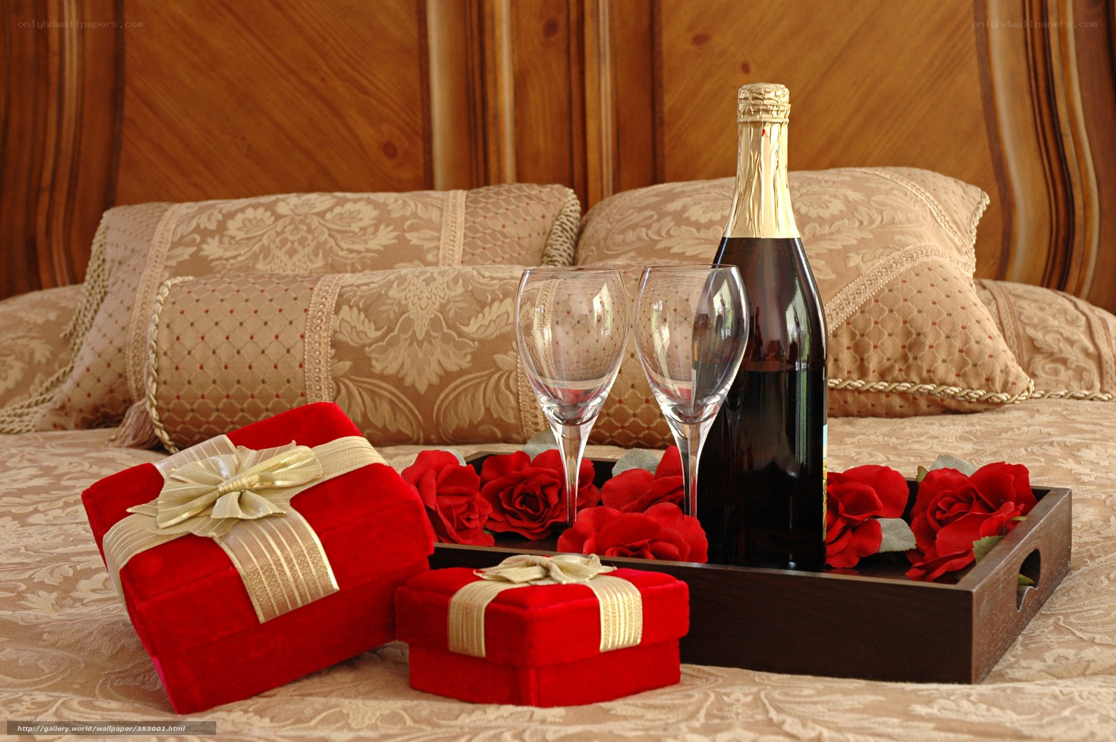 Romantic gift tray on bed