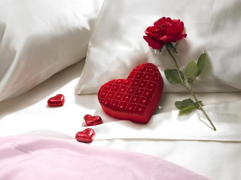 Romantic heart and rose on bed