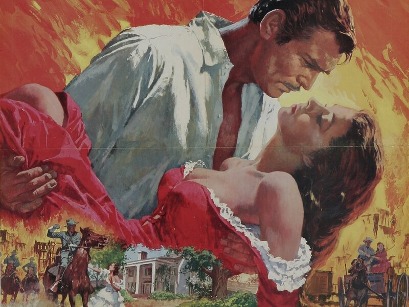 Romantic movie poster with action scenes
