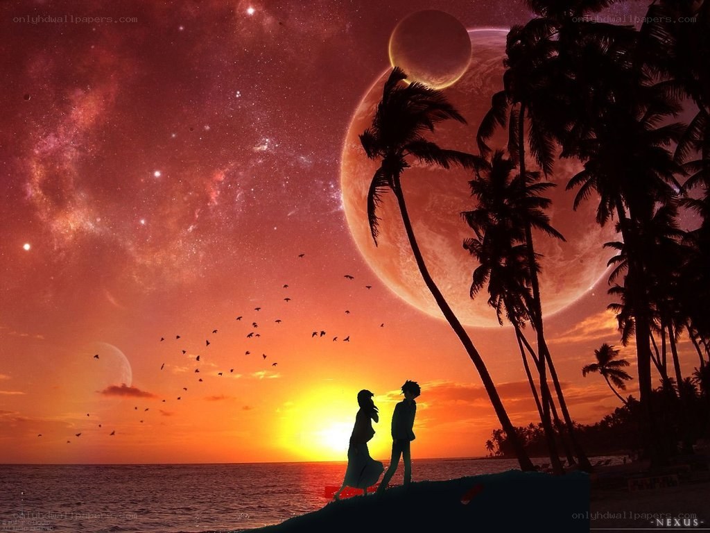 Romantic sunset on alien beach