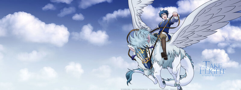 Romeo and Juliet flying on a pegasus
