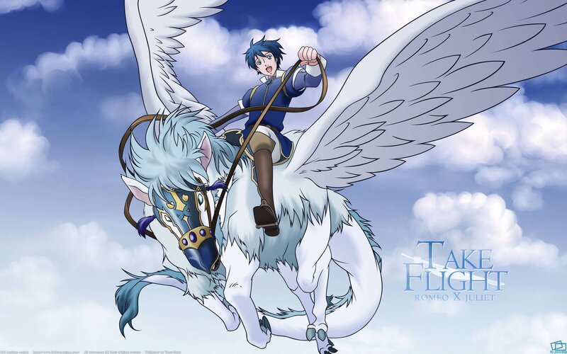 Romeo and Juliet flying on a pegasus