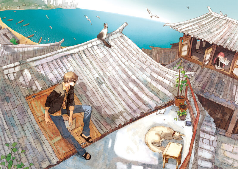 Roof-top view of coastal village