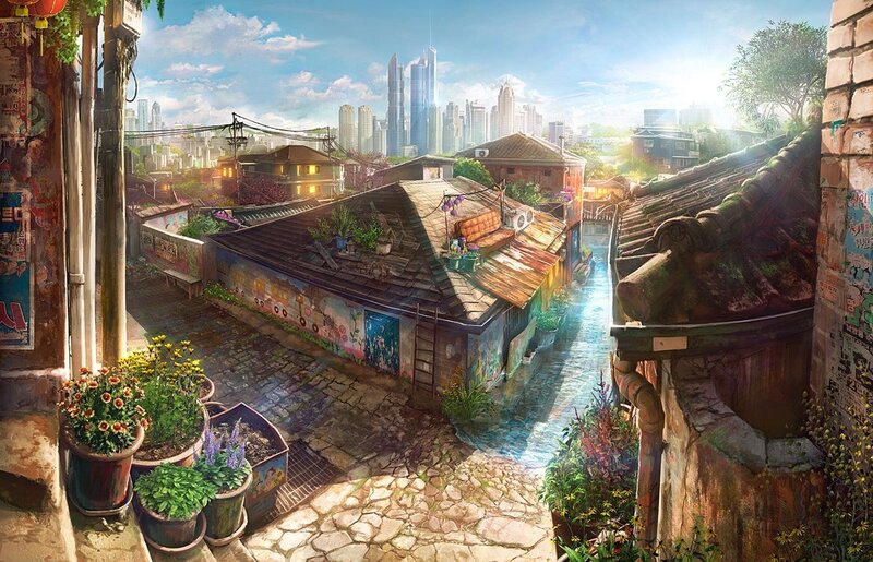 Rooftop alley with city skyline