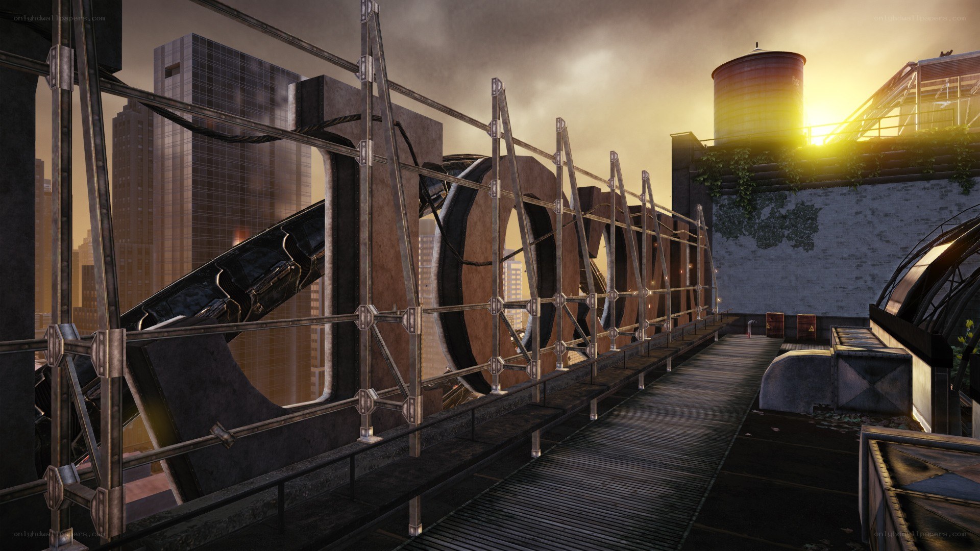 Rooftop cityscape at sunset