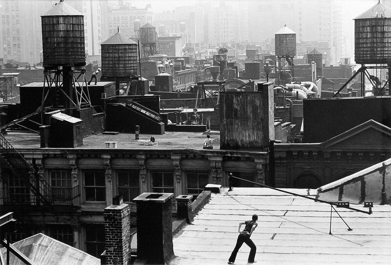 Rooftop cityscape with water towers
