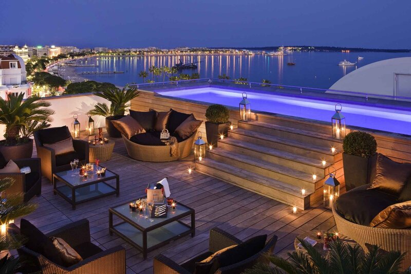 Rooftop Lounge at Night — Blue, Serene, Photograph, Pool